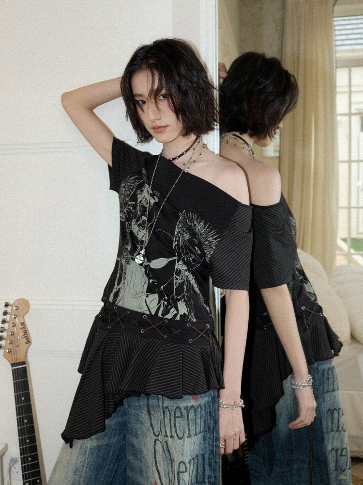 Chemical Girl×NANA Co-Branded Irregular Slanted Shoulder Lace Hem Strap Print T-Shirt【s0000017088】