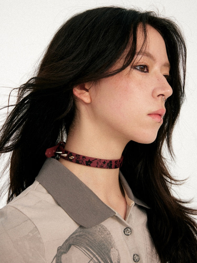 Chemical Girl×NANA Co-Branded Punk Graphic Printed Metal Rivet Leather Choker 【s0000017089】