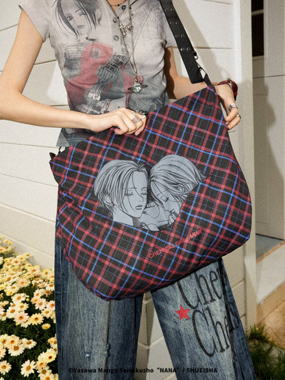 Chemical Girl×NANA Co-Branded Retro Contrasting Plaid Portrait Print Leather Shoulder Canvas Bag【s0000017090】