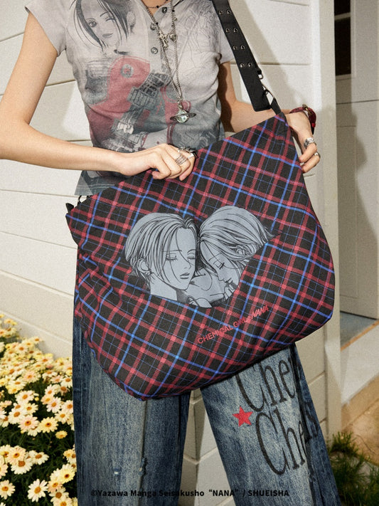 Chemical Girl×NANA Co-Branded Retro Contrasting Plaid Portrait Print Leather Shoulder Canvas Bag【s0000017090】