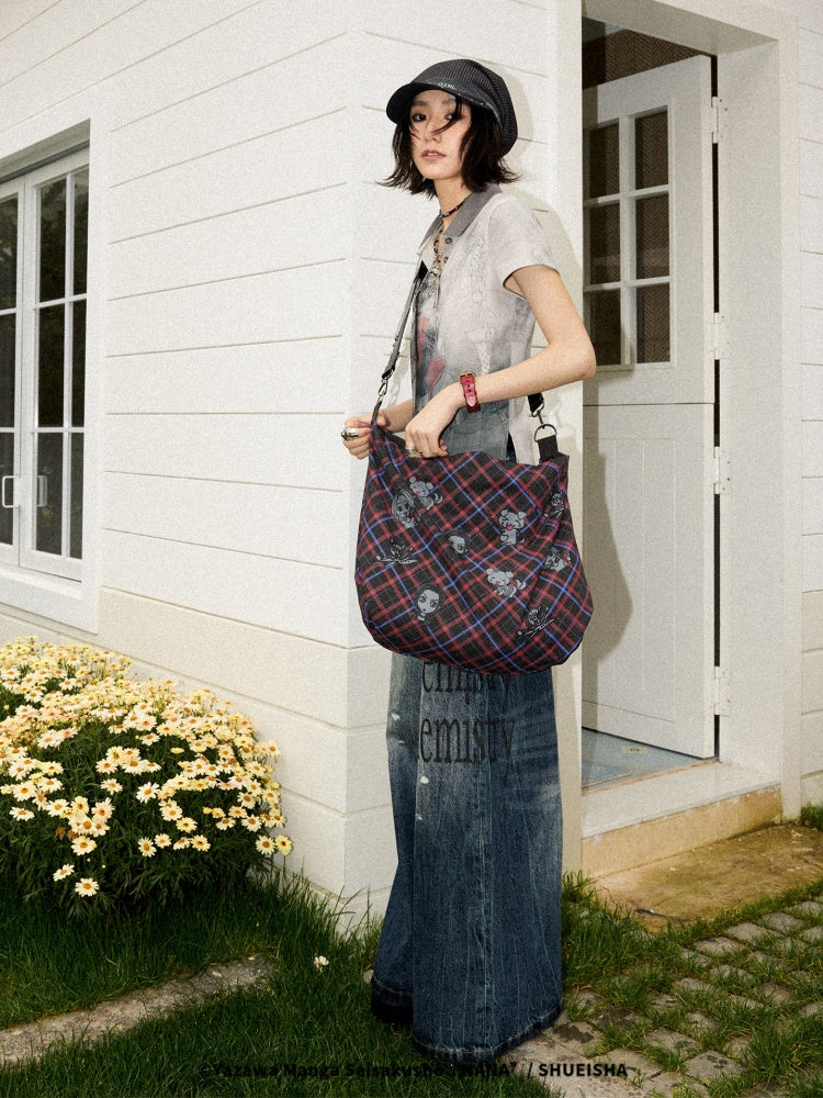 Chemical Girl×NANA Co-Branded Retro Contrasting Plaid Portrait Print Leather Shoulder Canvas Bag【s0000017090】