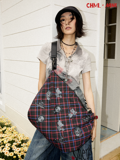 Chemical Girl×NANA Co-Branded Retro Contrasting Plaid Portrait Print Leather Shoulder Canvas Bag【s0000017090】