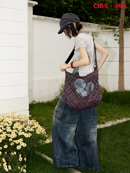 Chemical Girl×NANA Co-Branded Retro Contrasting Plaid Portrait Print Leather Shoulder Canvas Bag【s0000017090】