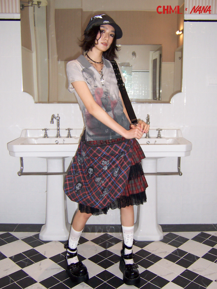 Chemical Girl×NANA Co-Branded Retro Contrasting Plaid Portrait Print Leather Shoulder Canvas Bag【s0000017090】
