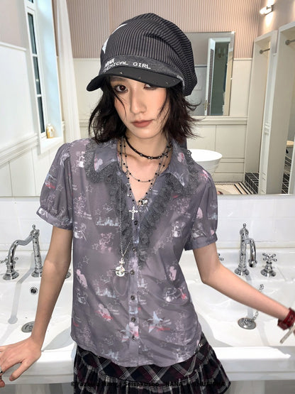 Chemical Girl×NANA Co-Branded Full Print Lace Short-Sleeved Shirt【s0000017091】