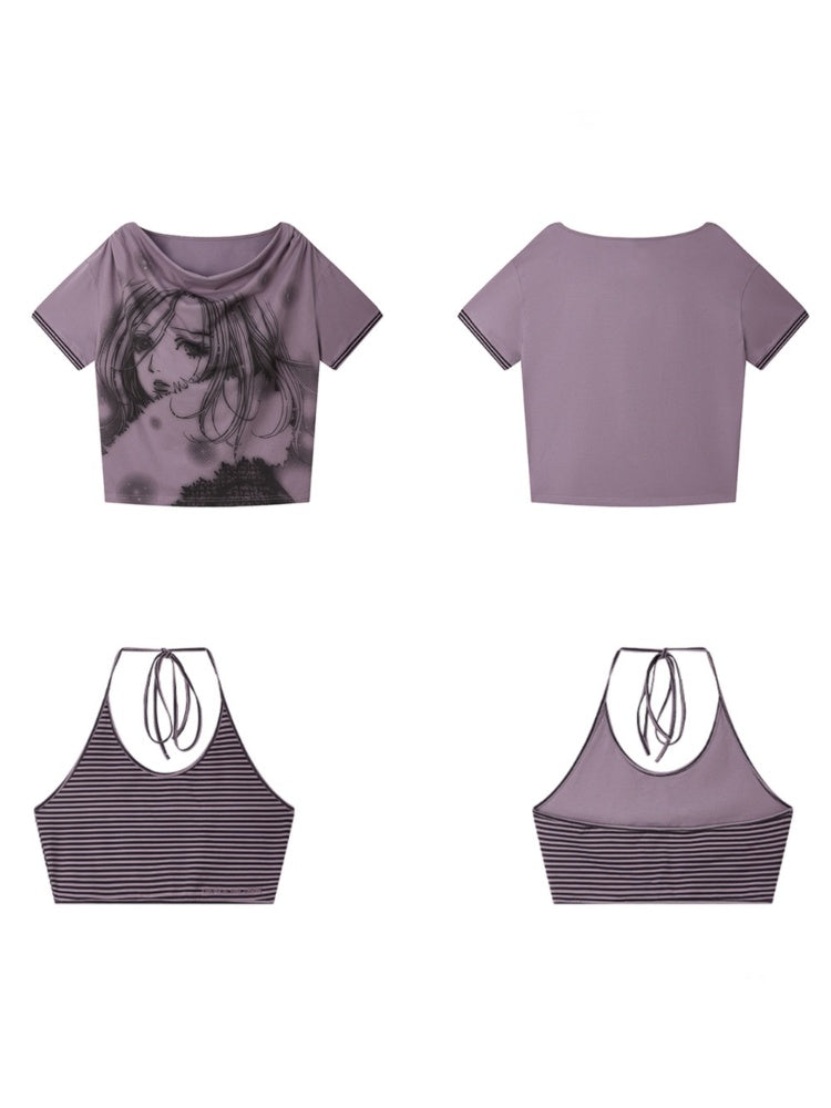 Chemical Girl×NANA Co-Branded Lazy Pinstripe Halter-Neck Suspender Swing Collar Dropped Shoulder Short-Sleeved T-Shirt【s0000017092】