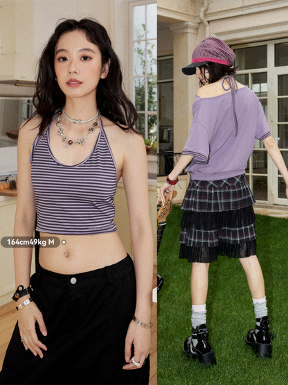 Chemical Girl×NANA Co-Branded Lazy Pinstripe Halter-Neck Suspender Swing Collar Dropped Shoulder Short-Sleeved T-Shirt【s0000017092】