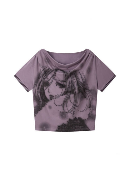 Chemical Girl×NANA Co-Branded Lazy Pinstripe Halter-Neck Suspender Swing Collar Dropped Shoulder Short-Sleeved T-Shirt【s0000017092】