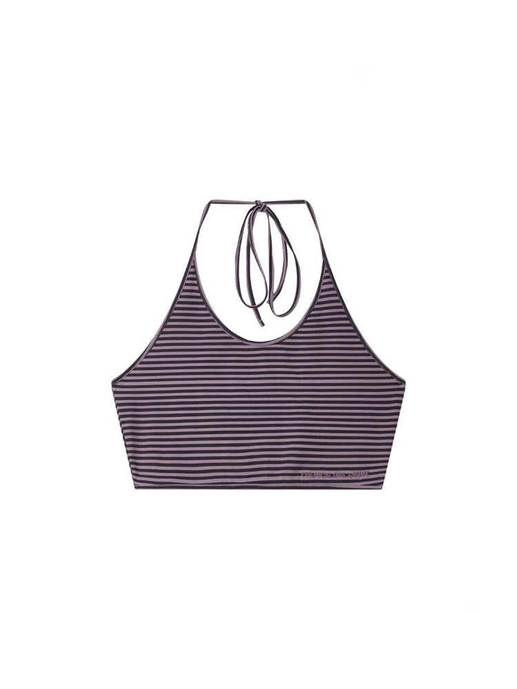 Chemical Girl×NANA Co-Branded Lazy Pinstripe Halter-Neck Suspender Swing Collar Dropped Shoulder Short-Sleeved T-Shirt【s0000017092】