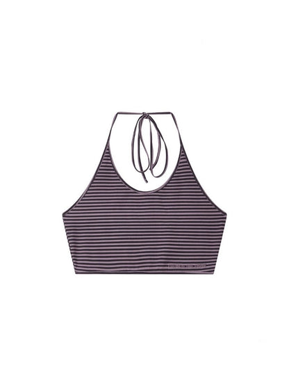 Chemical Girl×NANA Co-Branded Lazy Pinstripe Halter-Neck Suspender Swing Collar Dropped Shoulder Short-Sleeved T-Shirt【s0000017092】