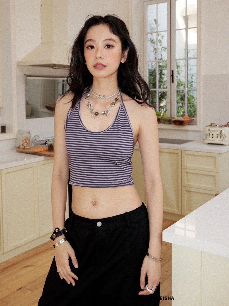 Chemical Girl×NANA Co-Branded Lazy Pinstripe Halter-Neck Suspender Swing Collar Dropped Shoulder Short-Sleeved T-Shirt【s0000017092】