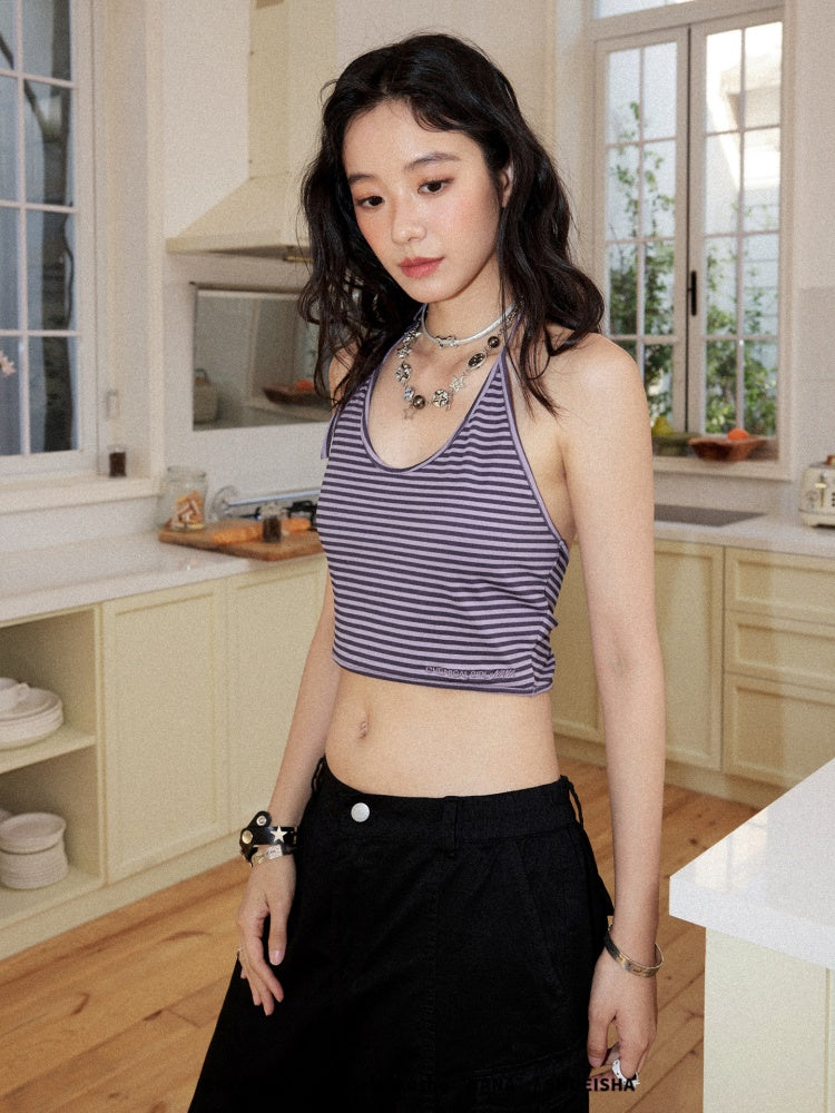 Chemical Girl×NANA Co-Branded Lazy Pinstripe Halter-Neck Suspender Swing Collar Dropped Shoulder Short-Sleeved T-Shirt【s0000017092】