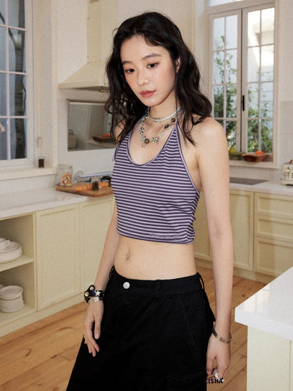Chemical Girl×NANA Co-Branded Lazy Pinstripe Halter-Neck Suspender Swing Collar Dropped Shoulder Short-Sleeved T-Shirt【s0000017092】