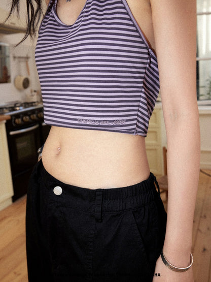 Chemical Girl×NANA Co-Branded Lazy Pinstripe Halter-Neck Suspender Swing Collar Dropped Shoulder Short-Sleeved T-Shirt【s0000017092】