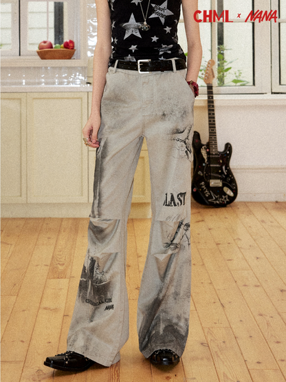 Chemical Girl×NANA Co-Branded Vintage Distressed Collage Print High-Waisted Bootcut Pants 【s0000017093】