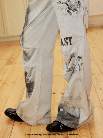 Chemical Girl×NANA Co-Branded Vintage Distressed Collage Print High-Waisted Bootcut Pants 【s0000017093】