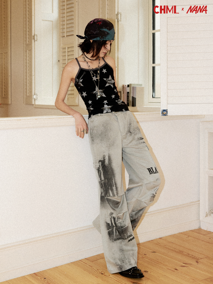 Chemical Girl×NANA Co-Branded Vintage Distressed Collage Print High-Waisted Bootcut Pants 【s0000017093】