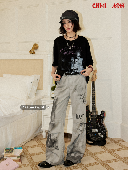 Chemical Girl×NANA Co-Branded Vintage Distressed Collage Print High-Waisted Bootcut Pants 【s0000017093】