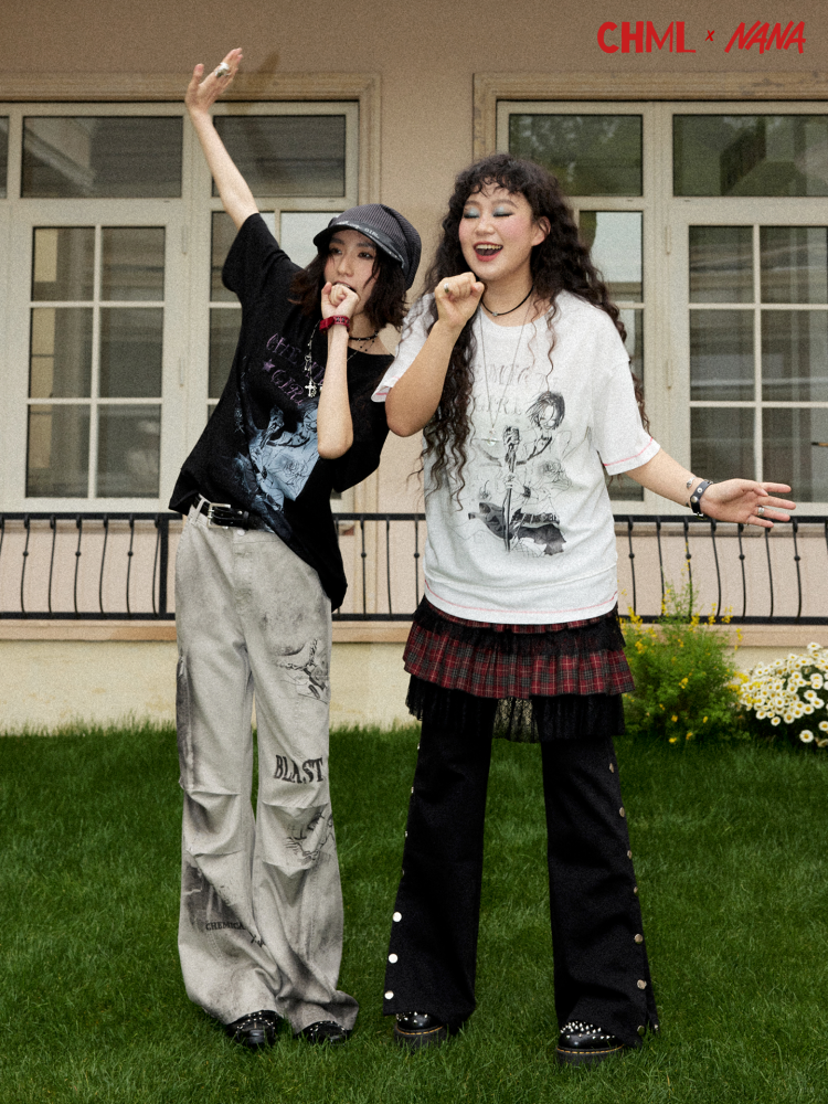 Chemical Girl×NANA Co-Branded Vintage Distressed Collage Print High-Waisted Bootcut Pants 【s0000017093】