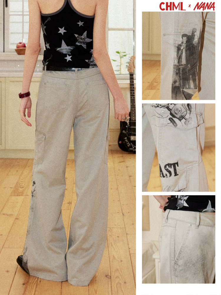 Chemical Girl×NANA Co-Branded Vintage Distressed Collage Print High-Waisted Bootcut Pants 【s0000017093】