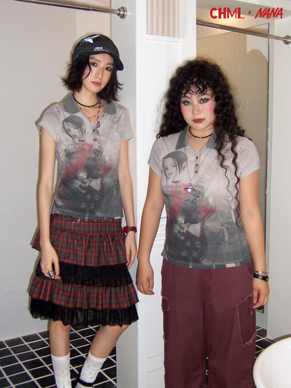 Chemical Girl×NANA Co-Branded Rock Distressed Portrait Print POLO Collar Short-Sleeved T-Shirt【s0000017094】