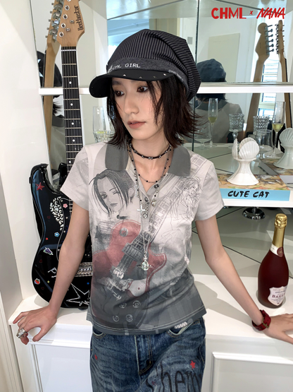 Chemical Girl×NANA Co-Branded Rock Distressed Portrait Print POLO Collar Short-Sleeved T-Shirt【s0000017094】