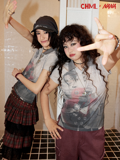 Chemical Girl×NANA Co-Branded Rock Distressed Portrait Print POLO Collar Short-Sleeved T-Shirt【s0000017094】