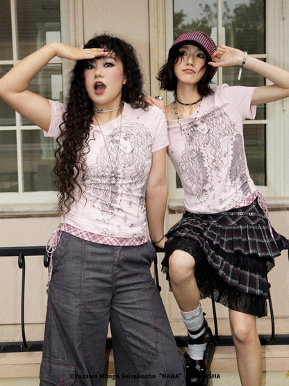 Chemical Girl×NANA Co-Branded Punk Style Layla Print Plaid Splicing Drawstring Slanted Shoulder T-Shirt【s0000017095】