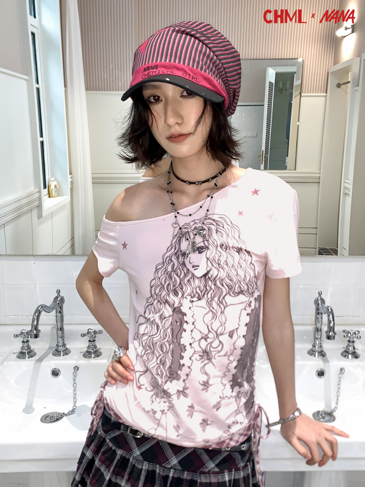 Chemical Girl×NANA Co-Branded Punk Style Layla Print Plaid Splicing Drawstring Slanted Shoulder T-Shirt【s0000017095】