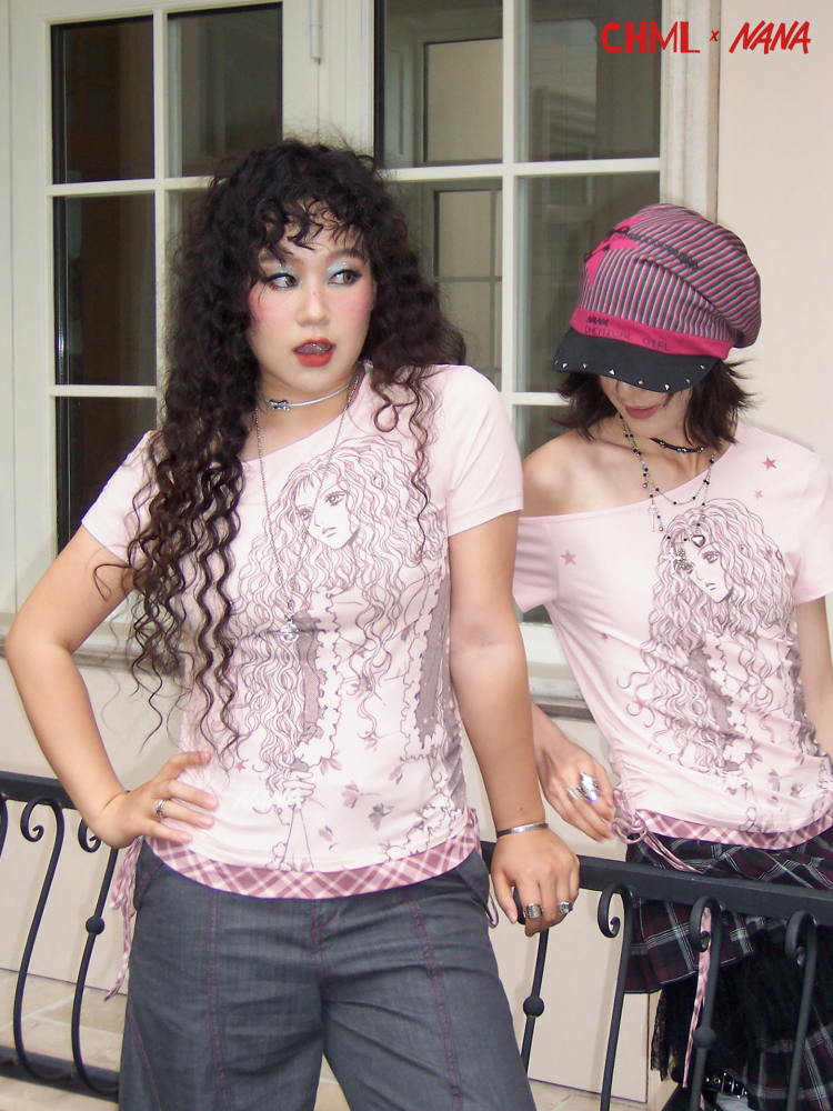 Chemical Girl×NANA Co-Branded Punk Style Layla Print Plaid Splicing Drawstring Slanted Shoulder T-Shirt【s0000017095】