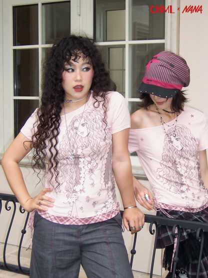 Chemical Girl×NANA Co-Branded Punk Style Layla Print Plaid Splicing Drawstring Slanted Shoulder T-Shirt【s0000017095】