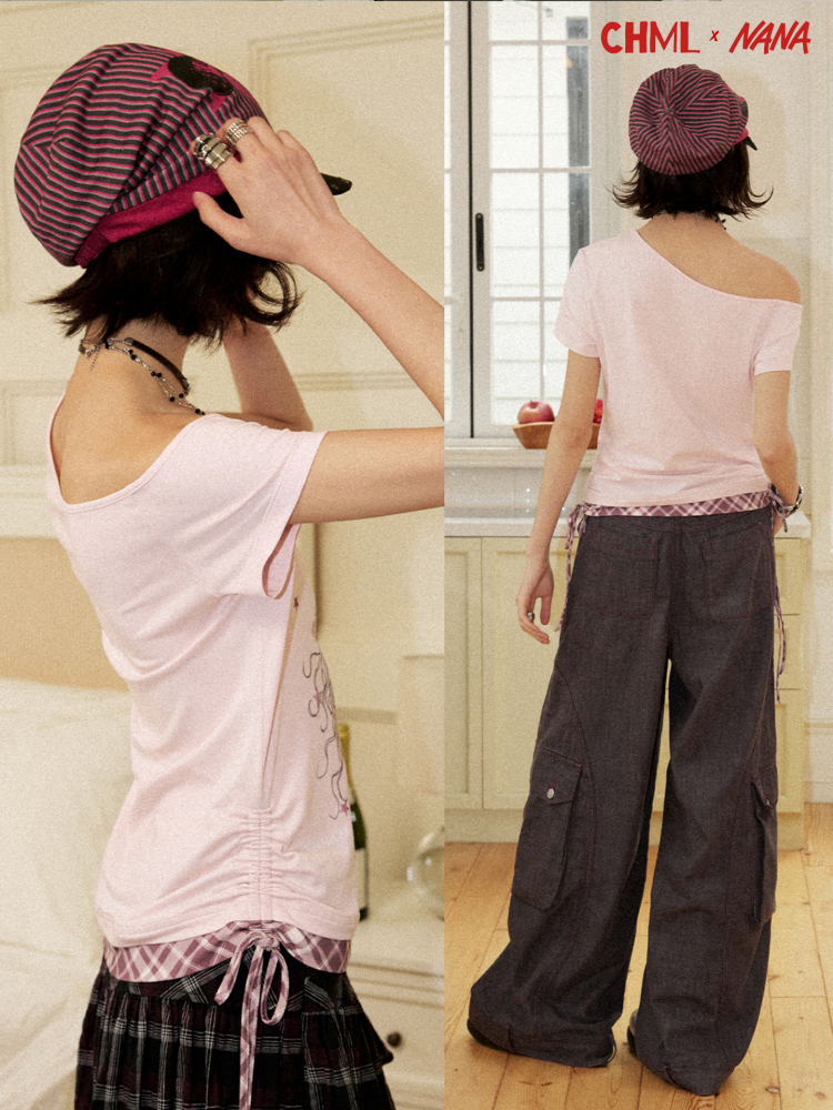 Chemical Girl×NANA Co-Branded Punk Style Layla Print Plaid Splicing Drawstring Slanted Shoulder T-Shirt【s0000017095】