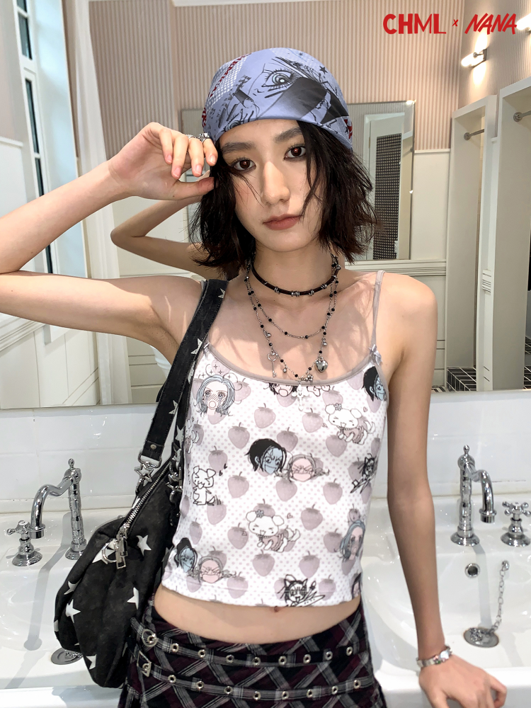 Chemical Girl×NANA Co-Branded Strawberry Floral Polka Dot Bow Character Print Camisole【s0000017096】