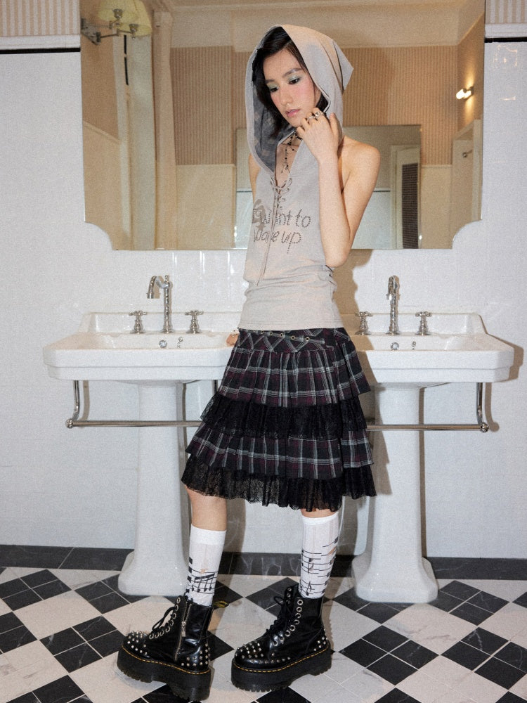 Lace-Up Plaid Printed Metal Rhinestone Sleeveless Hoodie【s0000017098】