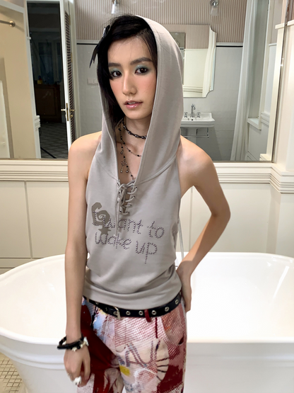 Lace-Up Plaid Printed Metal Rhinestone Sleeveless Hoodie【s0000017098】