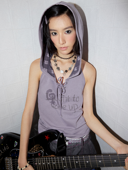 Lace-Up Plaid Printed Metal Rhinestone Sleeveless Hoodie【s0000017098】