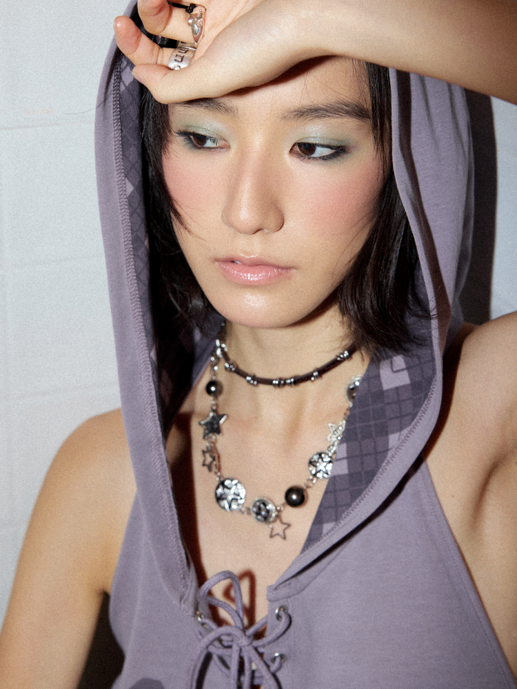 Lace-Up Plaid Printed Metal Rhinestone Sleeveless Hoodie【s0000017098】