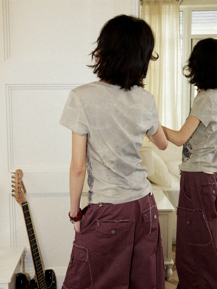 Distressed “I Want to Wake Up” Low-Saturation Print Short-Sleeve T-Shirt【s0000017099】