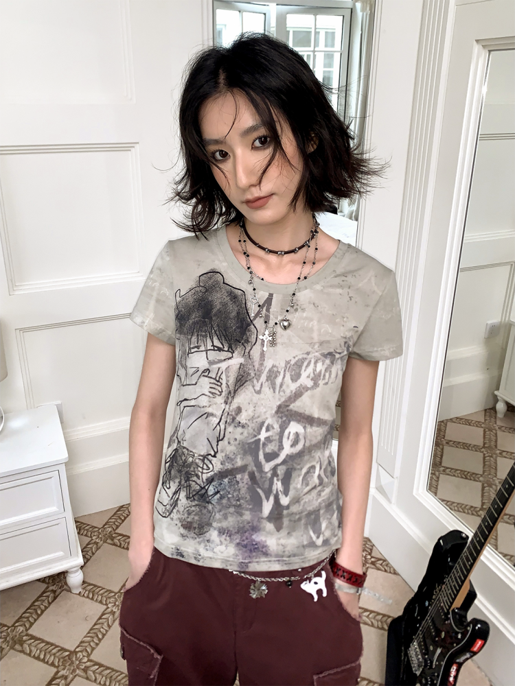 Distressed “I Want to Wake Up” Low-Saturation Print Short-Sleeve T-Shirt【s0000017099】