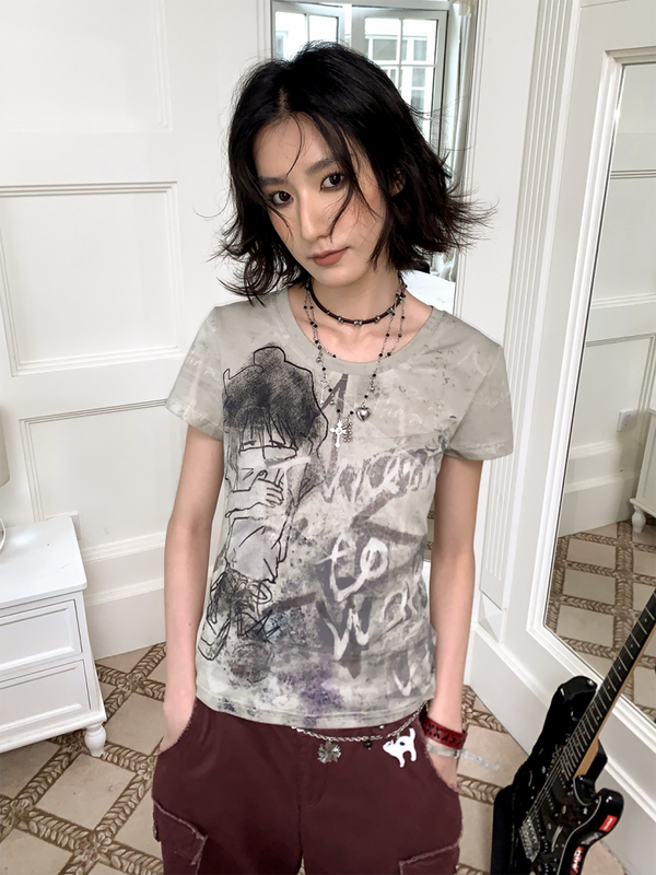 Distressed “I Want to Wake Up” Low-Saturation Print Short-Sleeve T-Shirt【s0000017099】