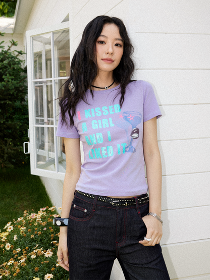 "KISS T" Casual Cool Letter Print Slim-Fit T-Shirt【s0000017100】