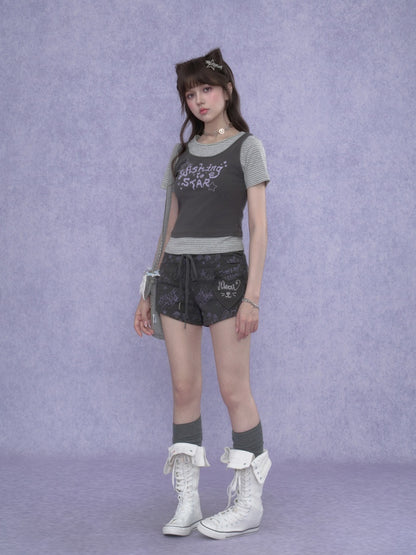 Graffiti Print Cat Ear Short Pants【s0000017101】