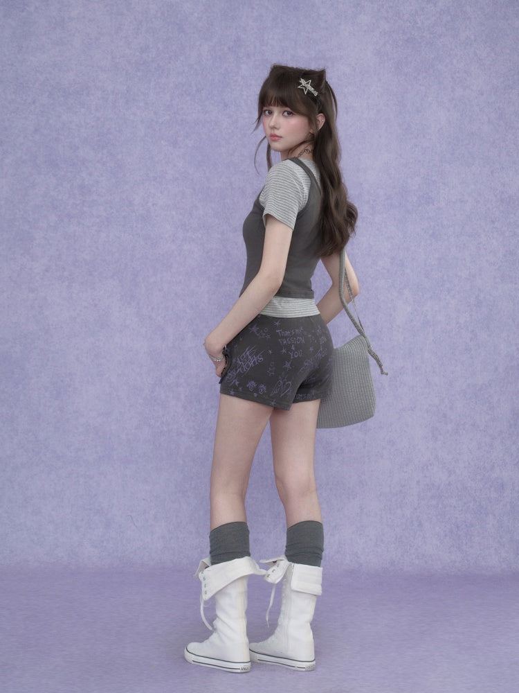 Graffiti Print Cat Ear Short Pants【s0000017101】