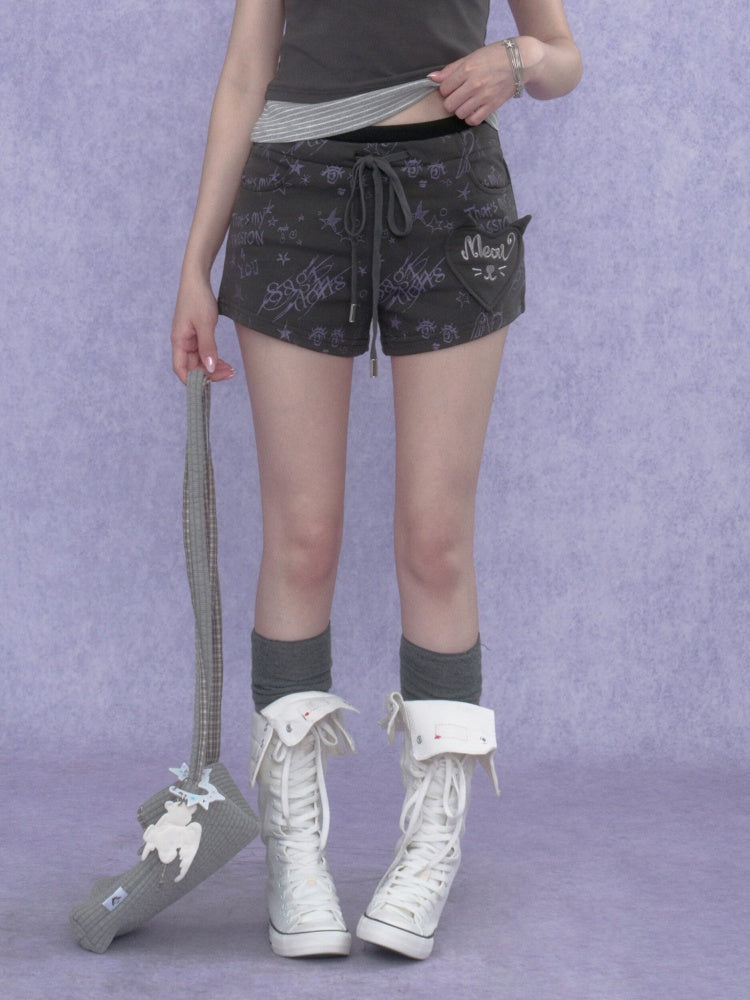 Graffiti Print Cat Ear Short Pants【s0000017101】