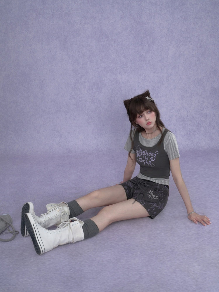 Graffiti Print Cat Ear Short Pants【s0000017101】