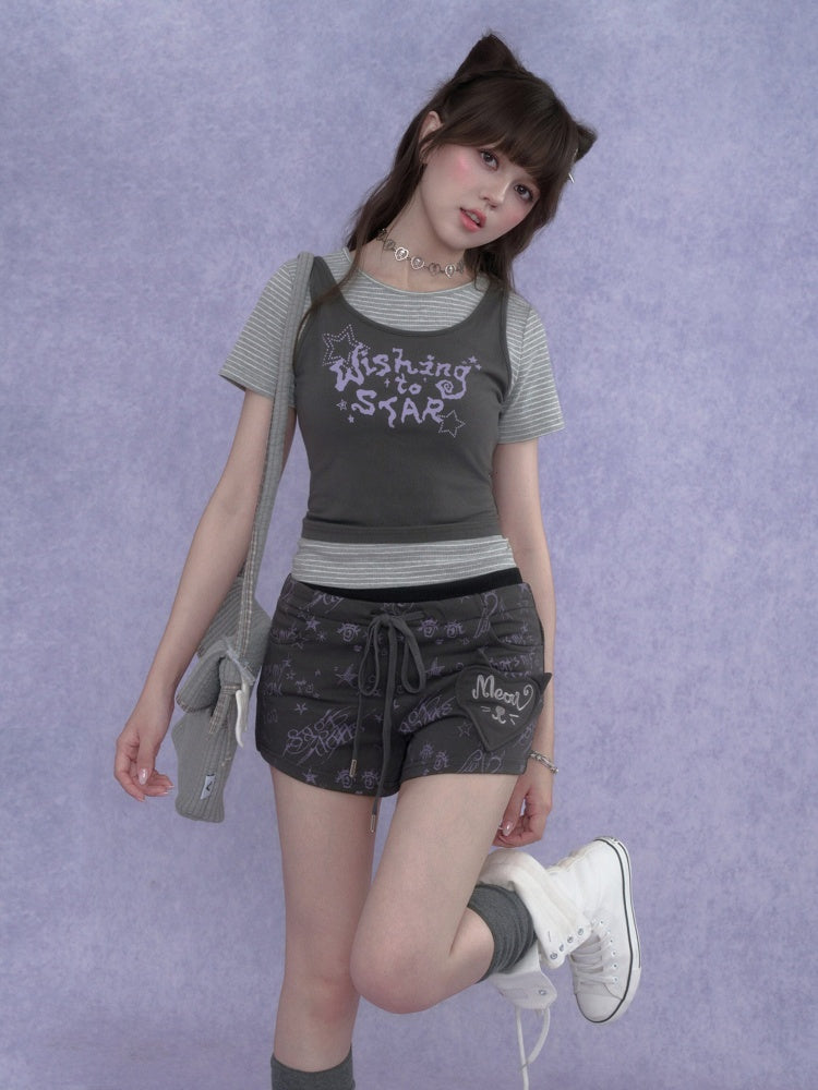 Graffiti Print Cat Ear Short Pants【s0000017101】