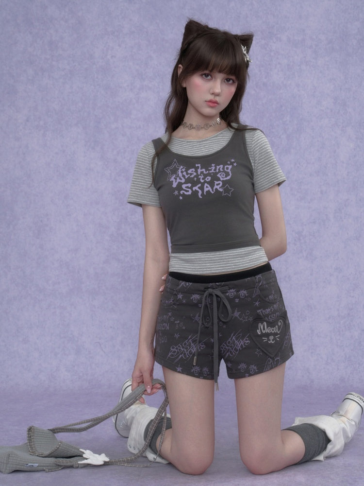 Graffiti Print Cat Ear Short Pants【s0000017101】