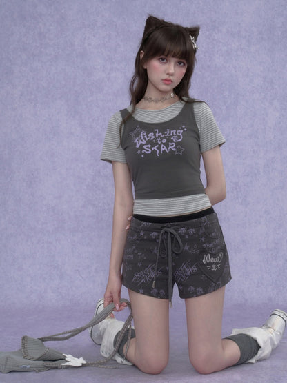 Graffiti Print Cat Ear Short Pants【s0000017101】