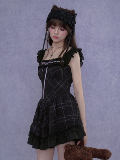 Plaid Ruffle Trim Cami Mini Dress【s0000017105】