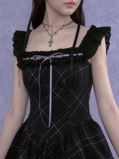 Plaid Ruffle Trim Cami Mini Dress【s0000017105】